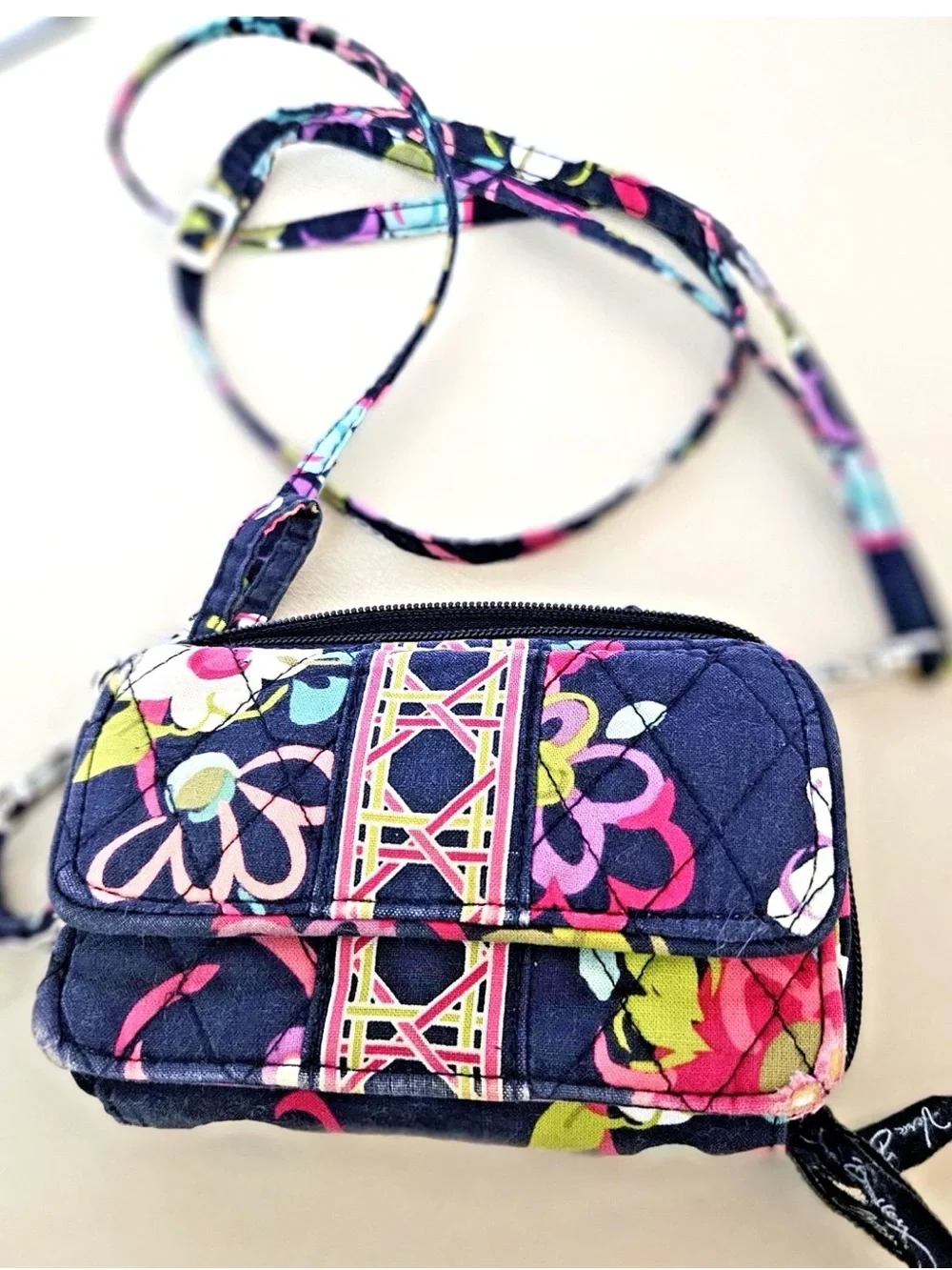 Vera Bradley Navy Floral Quilted Mini Crossbody with Pink & Lime Accents